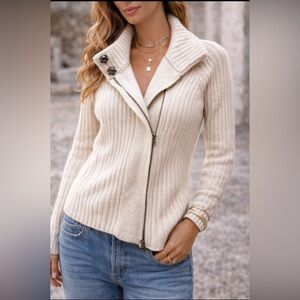 Lauren Ralph Lauren 100% Lambswool Ribbed Zip Sweater Jacket Medium Cream